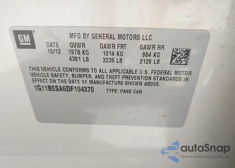 2013 Chevrolet Malibu 1Ls из США, поврежденный, VIN 1G11B5SA6DF194370